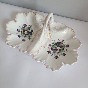 Vintage KPM Germany scalloped divided dish w. handle floral purple green gold